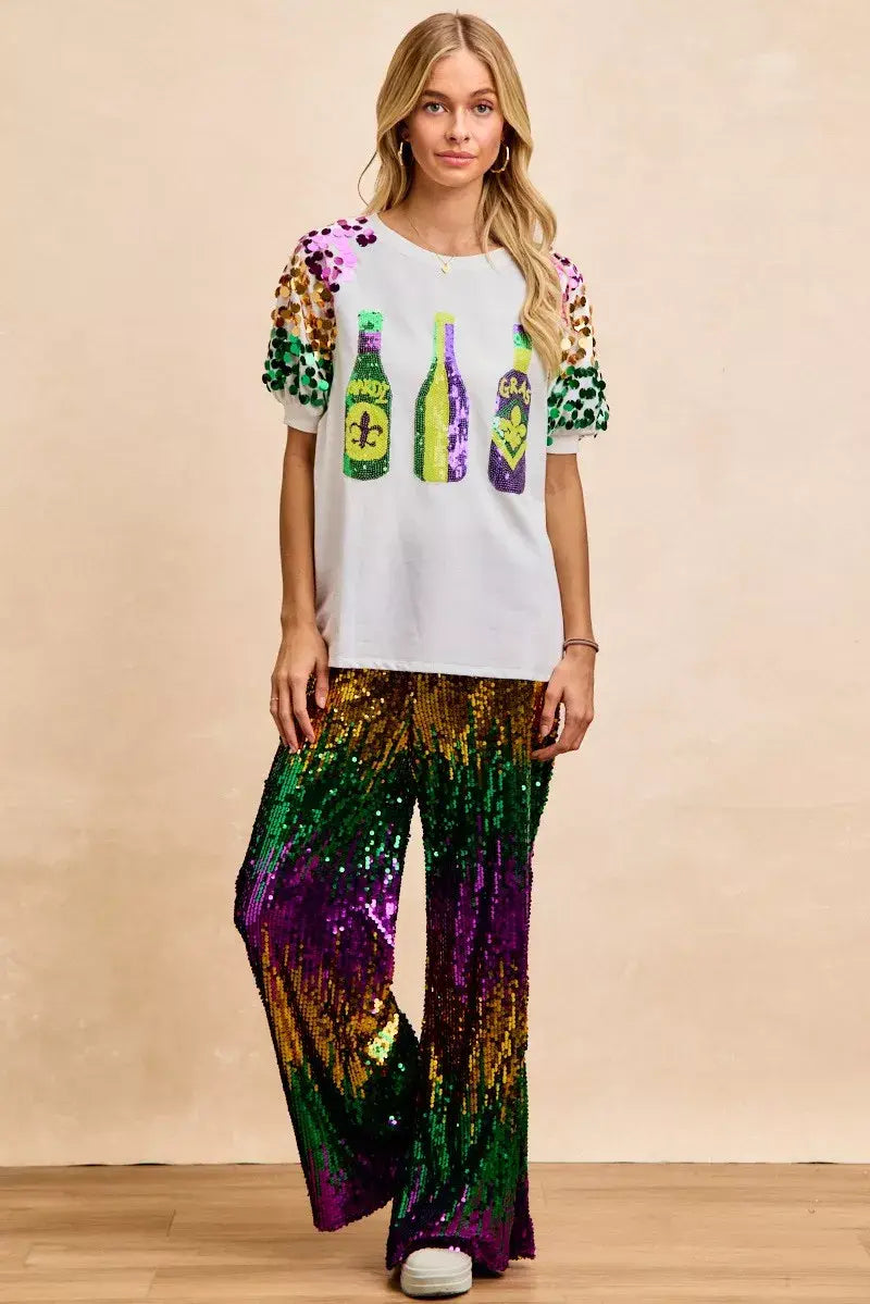 BiBi Sequin Mardi Gras Bottles Spangled Sleeve Top - Trendsi - Flyclothing LLC