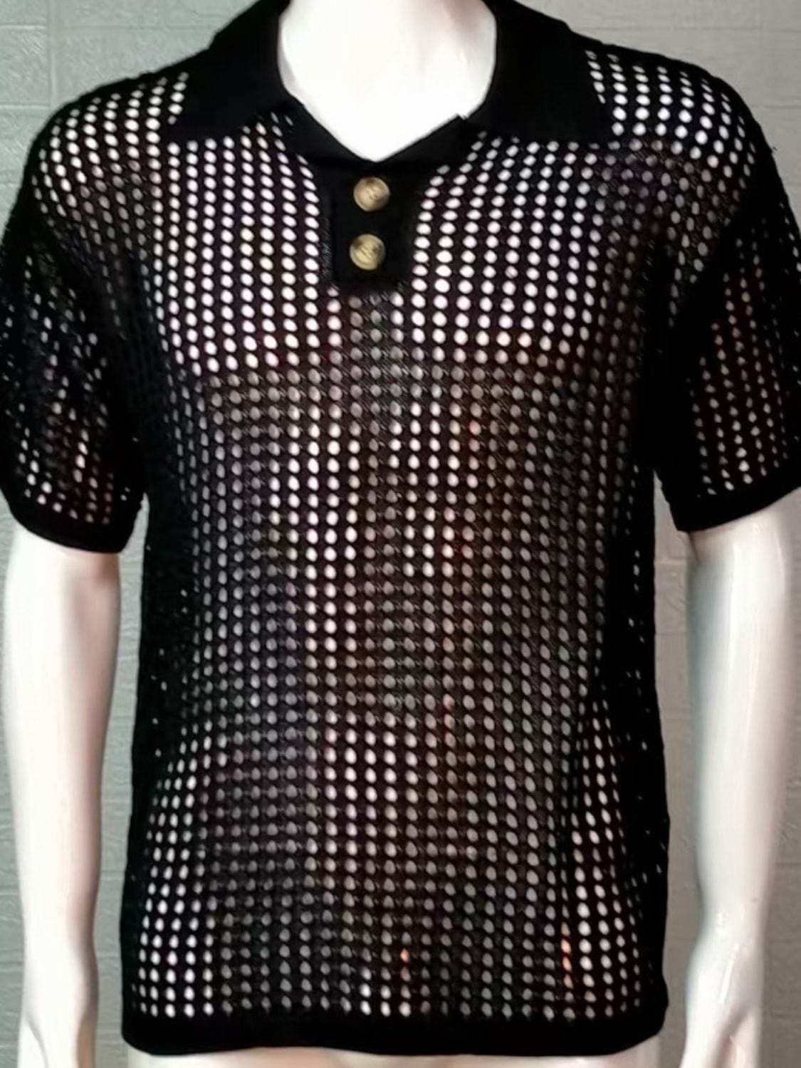 Men's Plus Size Openwork Collared Neck Quarter Button Knit Polo - Trendsi - Flyclothing LLC