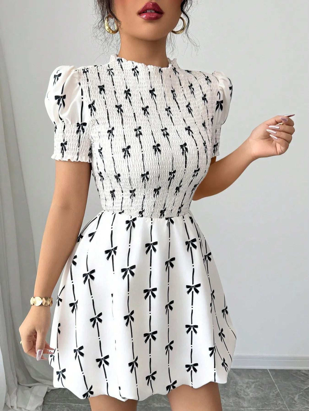 Smocked Bow Print Short Sleeve Dress - Trendsi - Flyclothing LLC