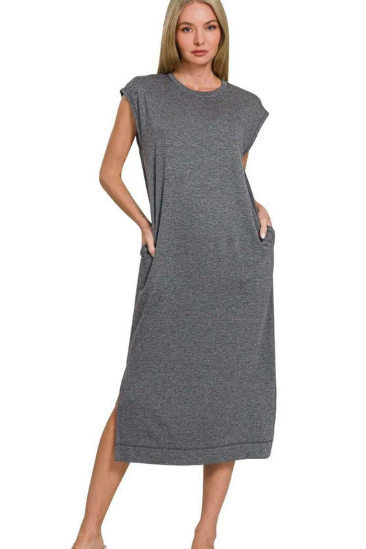 Zenana French Terry Sleeveless Round Neck Midi Dress - Trendsi - Flyclothing LLC