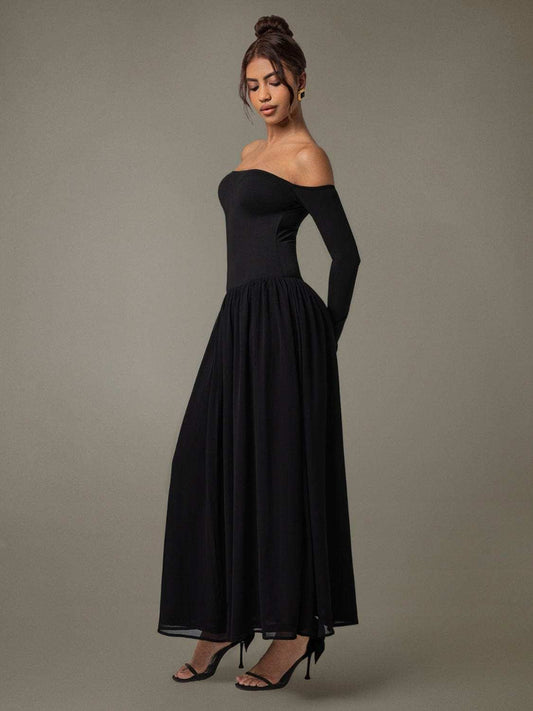 Off Shoulder Long Sleeve Maxi Dress - Trendsi - Flyclothing LLC