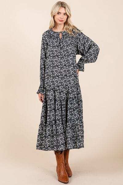 Mittoshop Printed Tie Neck Flounce Sleeve Midi Dress - Trendsi - Flyclothing LLC