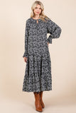 Mittoshop Printed Tie Neck Flounce Sleeve Midi Dress - Trendsi