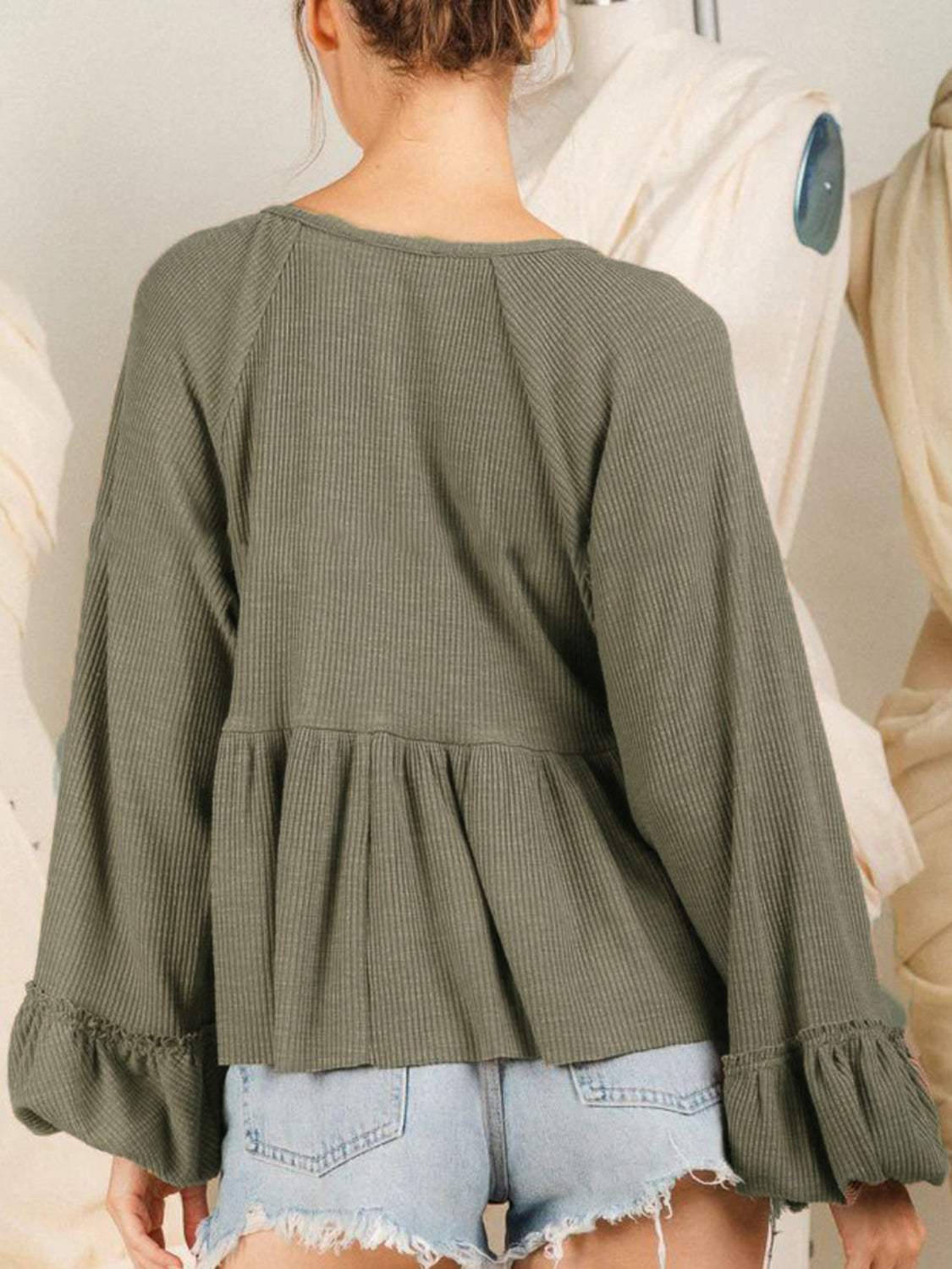Notched Balloon Sleeve Peplum Blouse - Trendsi - Flyclothing LLC