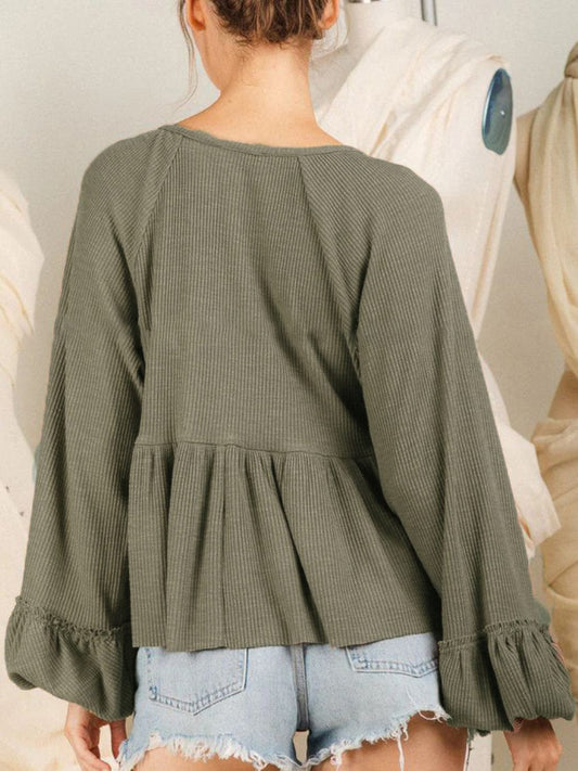 Notched Balloon Sleeve Peplum Blouse - Trendsi
