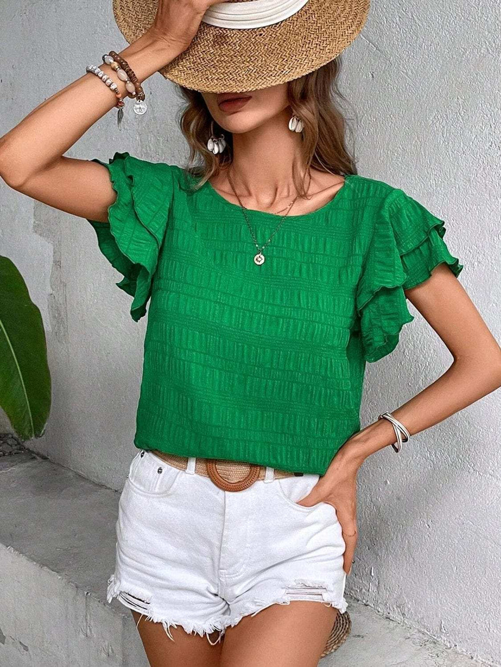 Round Neck Flounce Sleeve Blouse - Trendsi - Flyclothing LLC