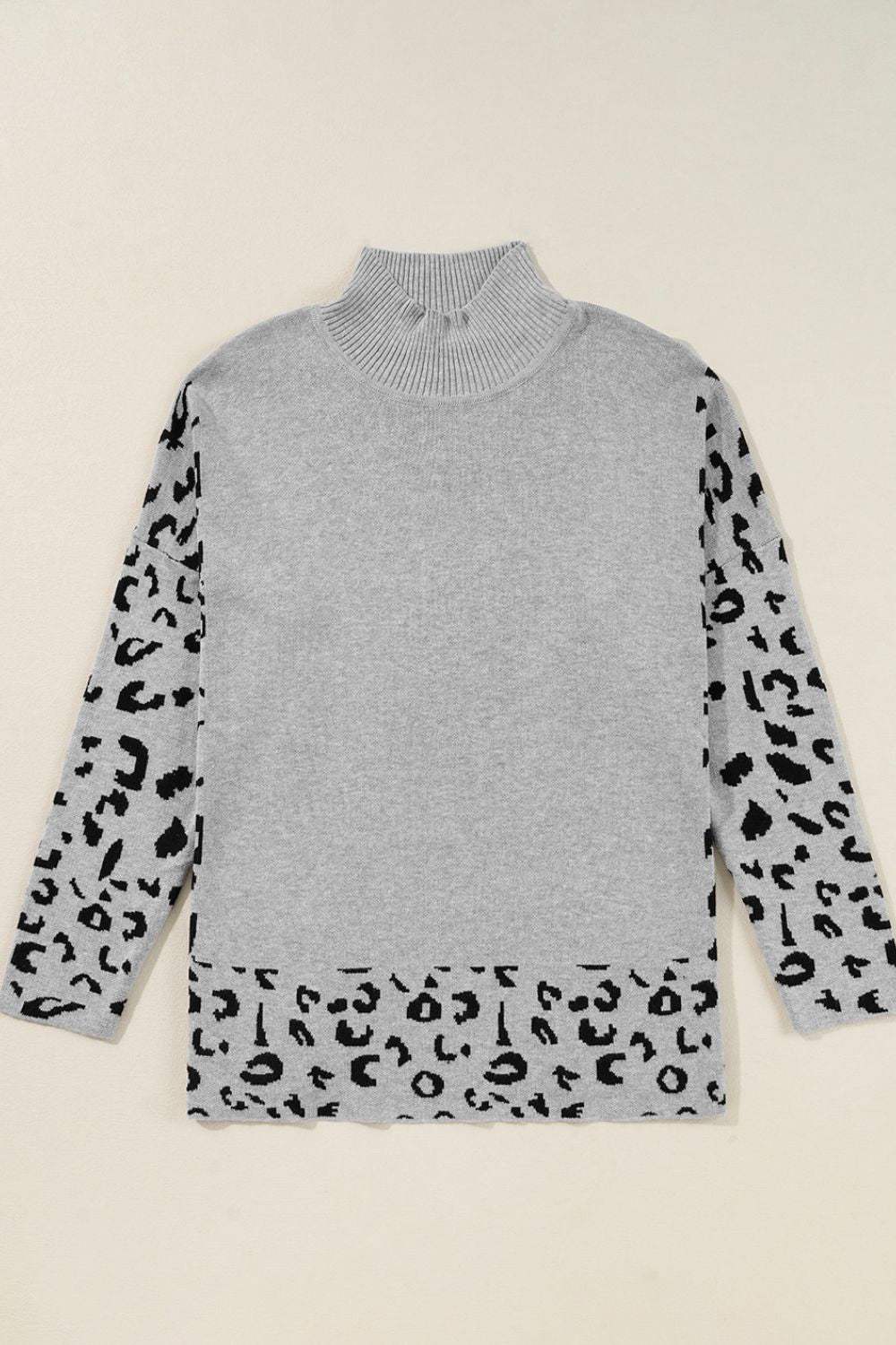 Slit Leopard Mock Neck Dropped Shoulder Sweater - Trendsi - Flyclothing LLC
