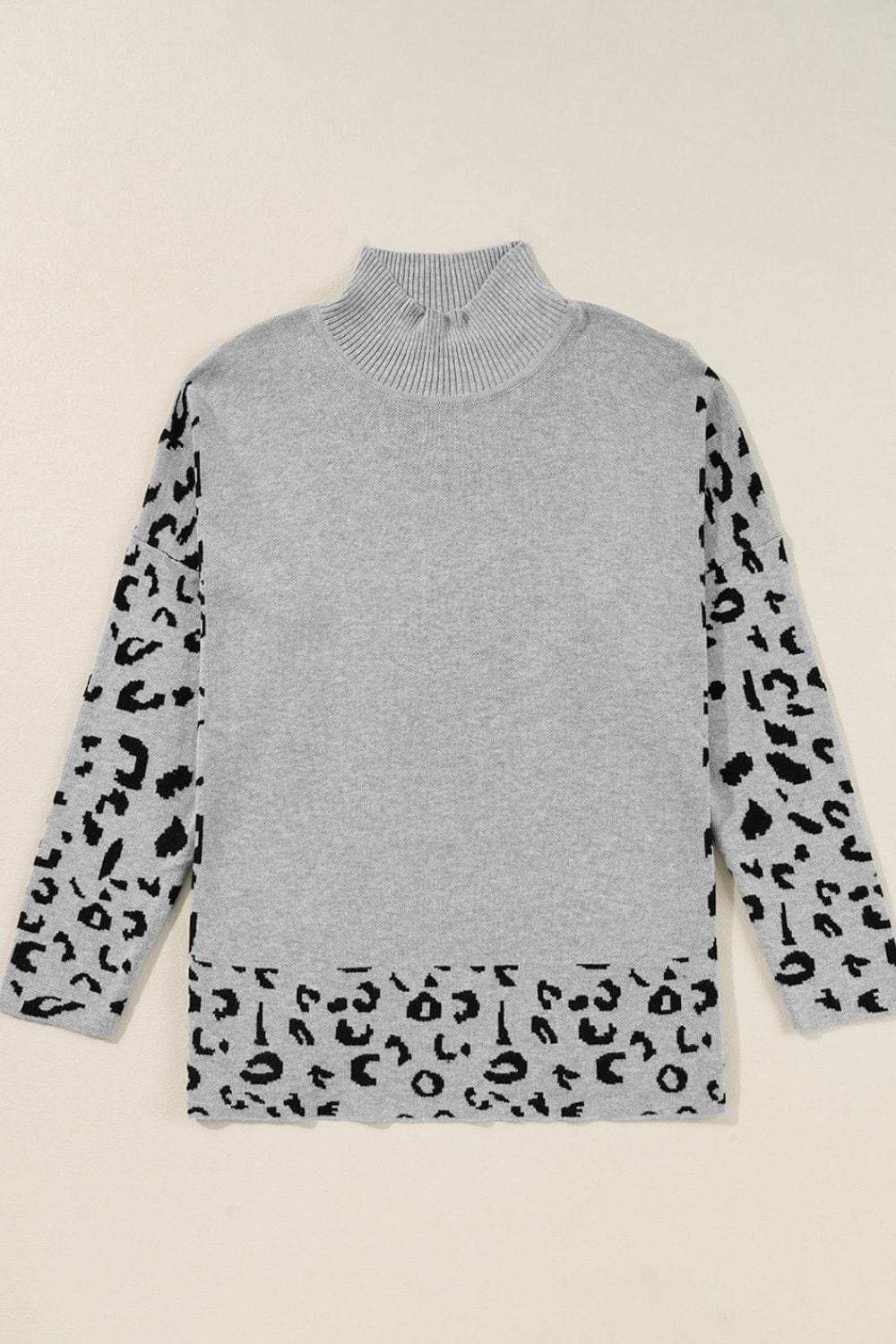 Slit Leopard Mock Neck Dropped Shoulder Sweater - Trendsi - Flyclothing LLC
