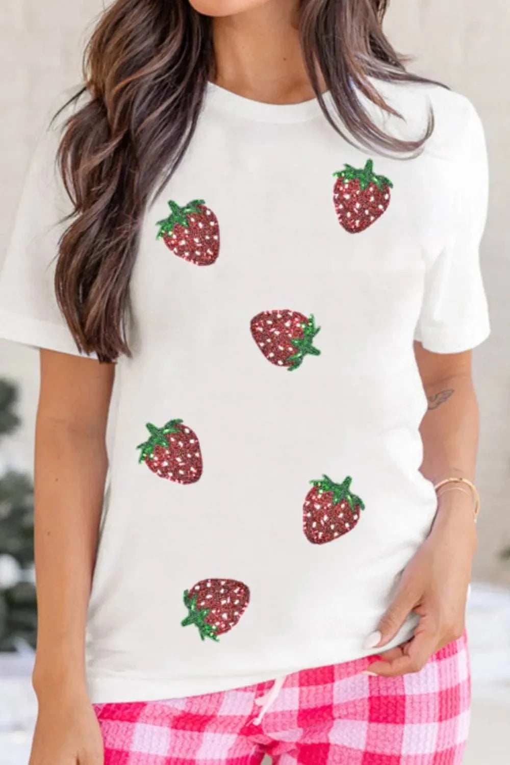 Sequin Strawberry Crew Neck Short Sleeve T Shirt - Trendsi - Flyclothing LLC