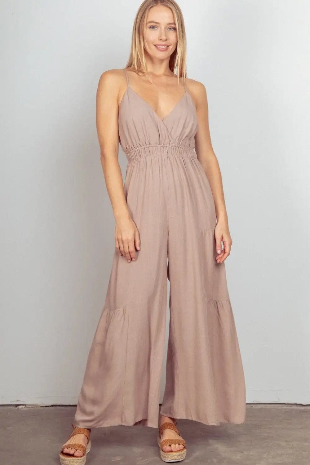 VERY J Sleeveless Ruched Wide Leg Jumpsuit - Trendsi