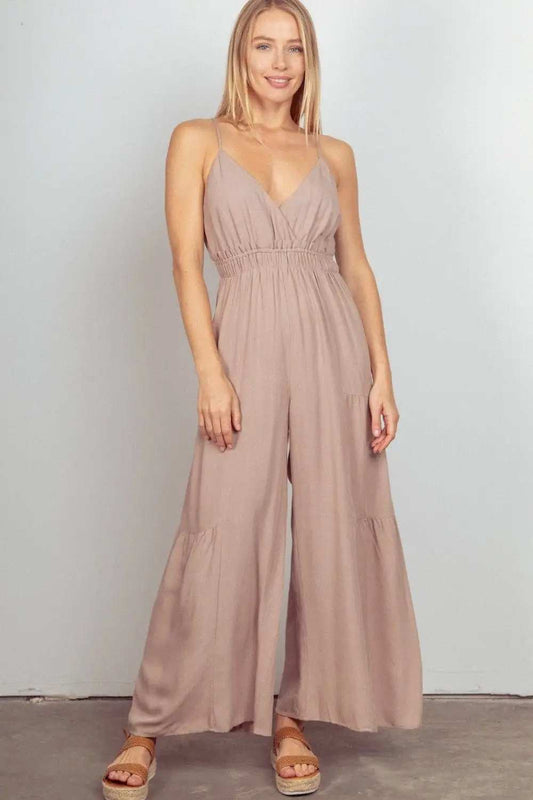 VERY J Sleeveless Ruched Wide Leg Jumpsuit - Trendsi - Flyclothing LLC