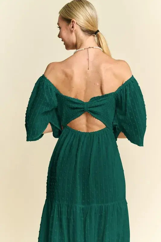 Davi & Dani Swiss Dotted Ruched Ruffle Open Back Midi Dress - Trendsi - Flyclothing LLC