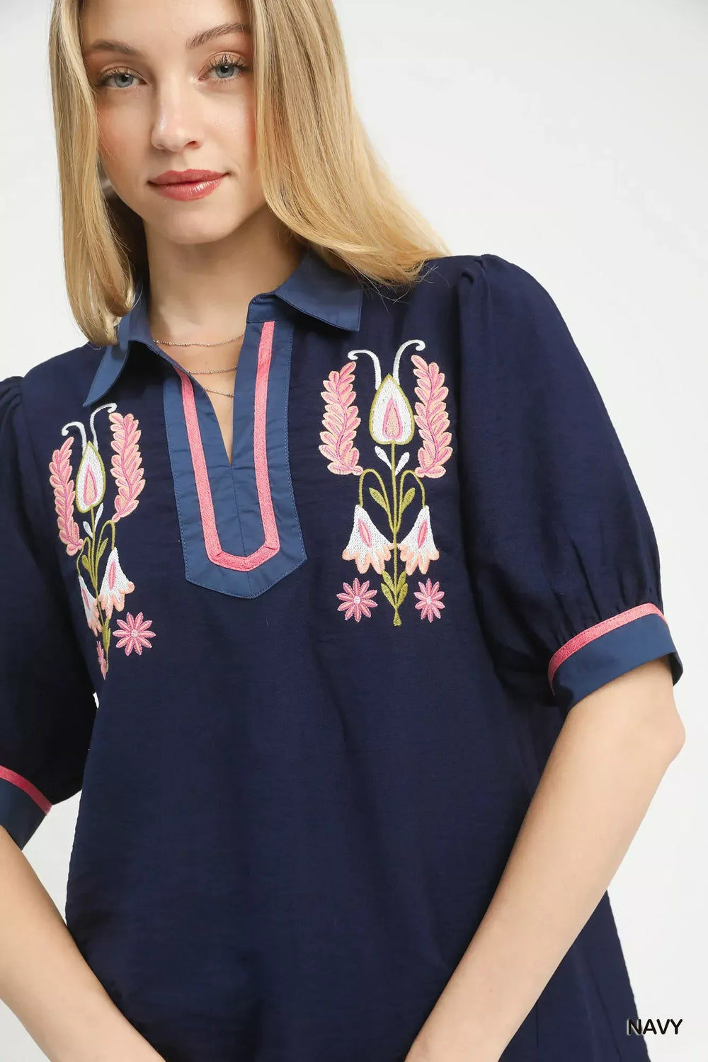 Umgee Embroidered Puff Sleeve Contrast Trim Top - Trendsi - Flyclothing LLC