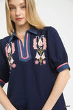 Umgee Embroidered Puff Sleeve Contrast Trim Top - Trendsi - Flyclothing LLC