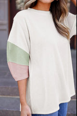 Color Block Ribbed Knit Three-Quarter Sleeve Top - Trendsi - Flyclothing LLC