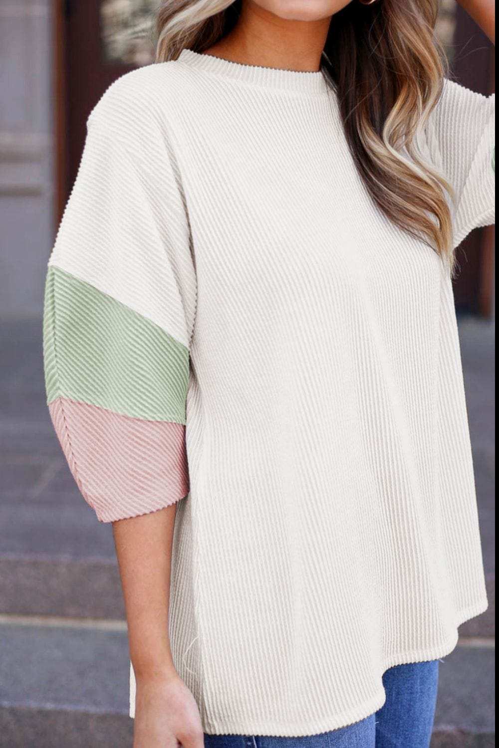 Color Block Ribbed Knit Three-Quarter Sleeve Top - Trendsi - Flyclothing LLC