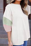 Color Block Ribbed Knit Three-Quarter Sleeve Top - Trendsi