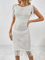 Fringe Openwork Boat Neck Knit Dress - Trendsi - Flyclothing LLC