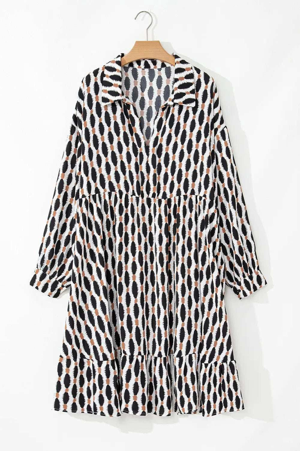 Plus Size Printed Johnny Collar Long Sleeve Dress - Trendsi - Flyclothing LLC