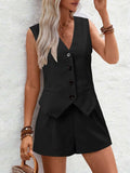 V-Neck Button Down Vest and Shorts Set - Trendsi - Flyclothing LLC