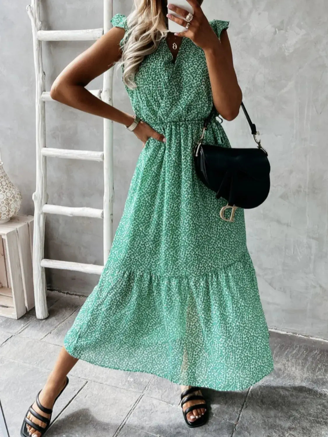 Ruffled Surplice Printed Cap Sleeve Dress - Trendsi - Flyclothing LLC