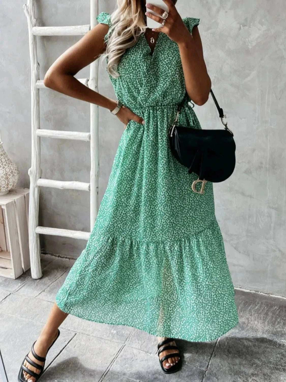 Ruffled Surplice Printed Cap Sleeve Dress - Trendsi - Flyclothing LLC
