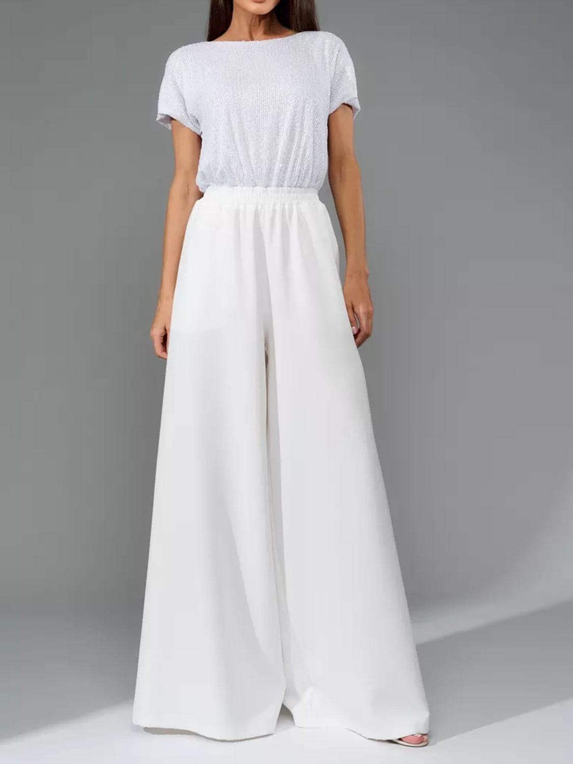 Full Size Sequin Round Neck Short Sleeve Wide Leg Jumpsuit - Trendsi - Flyclothing LLC