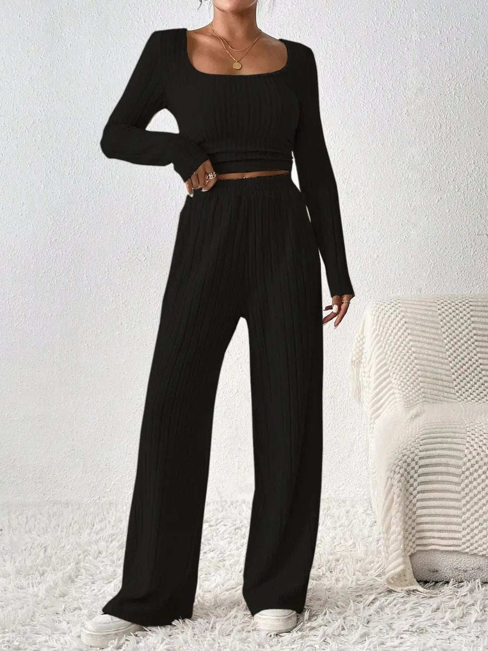 Scoop Neck Long Sleeve Top and Pants Set - Trendsi - Flyclothing LLC