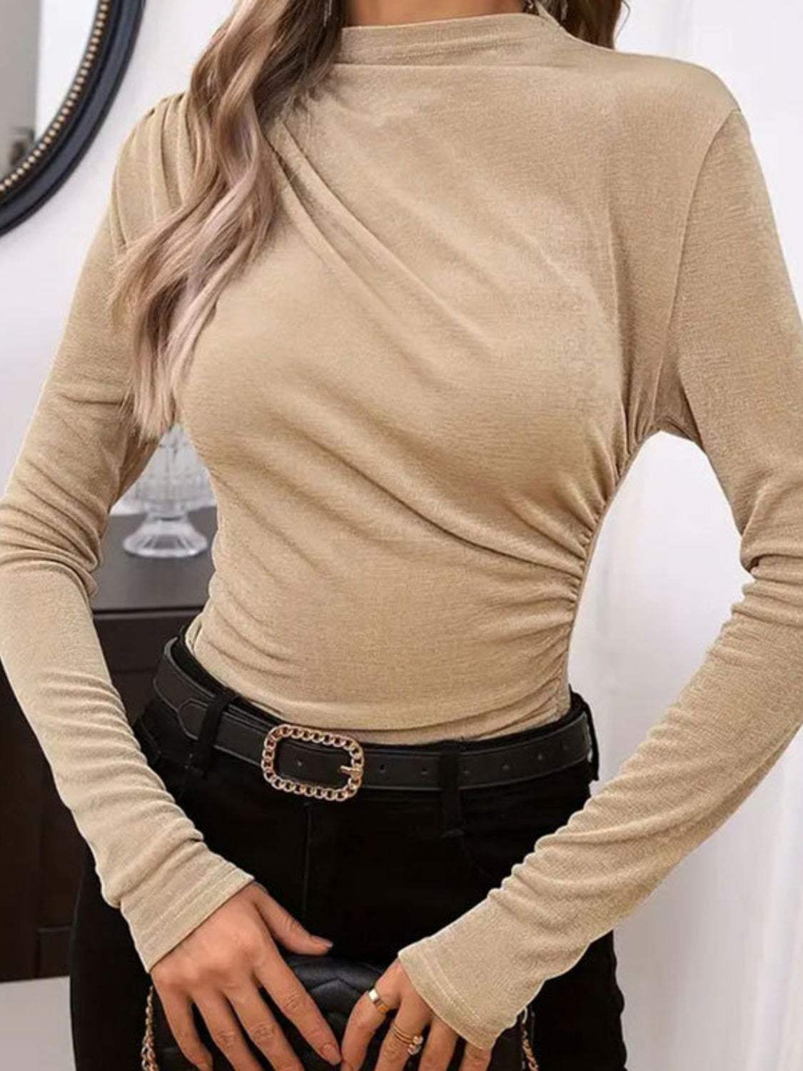 Ruched Mock Neck Long Sleeve T-Shirt - Trendsi - Flyclothing LLC