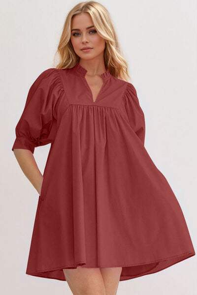 Oh Frill Notched Puff Sleeve Babydoll Mini Dress - Trendsi - Flyclothing LLC