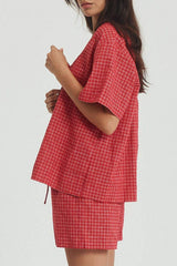 Plaid Tied Scoop Neck Short Sleeve Top and Drawstring Shorts Set - Trendsi - Flyclothing LLC