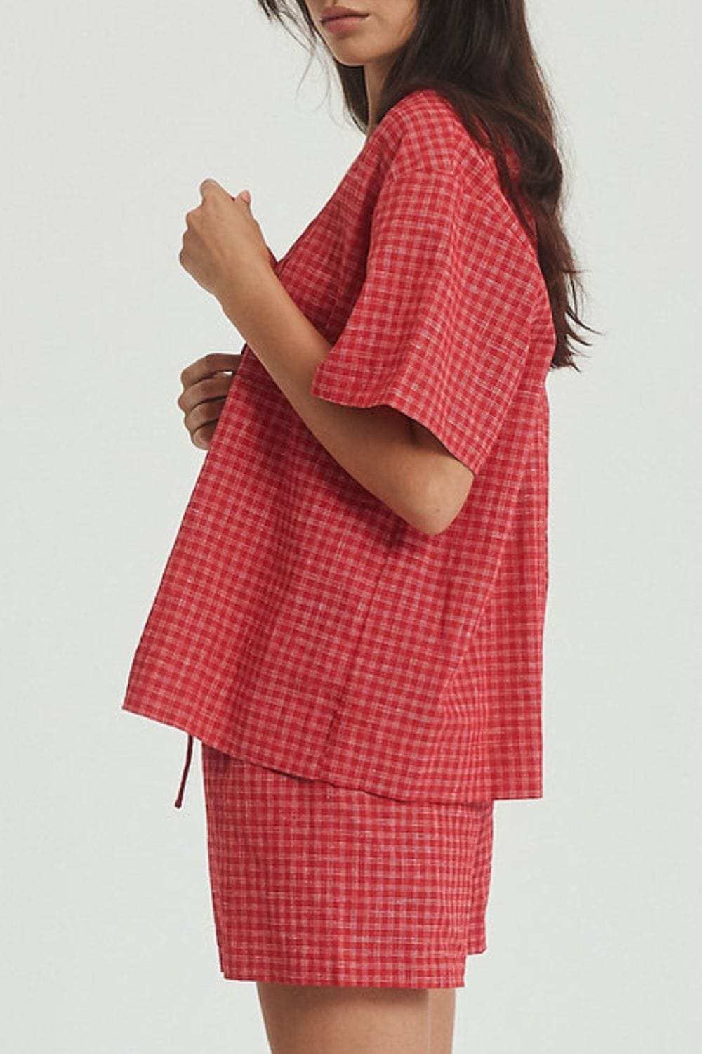 Plaid Tied Scoop Neck Short Sleeve Top and Drawstring Shorts Set - Trendsi - Flyclothing LLC