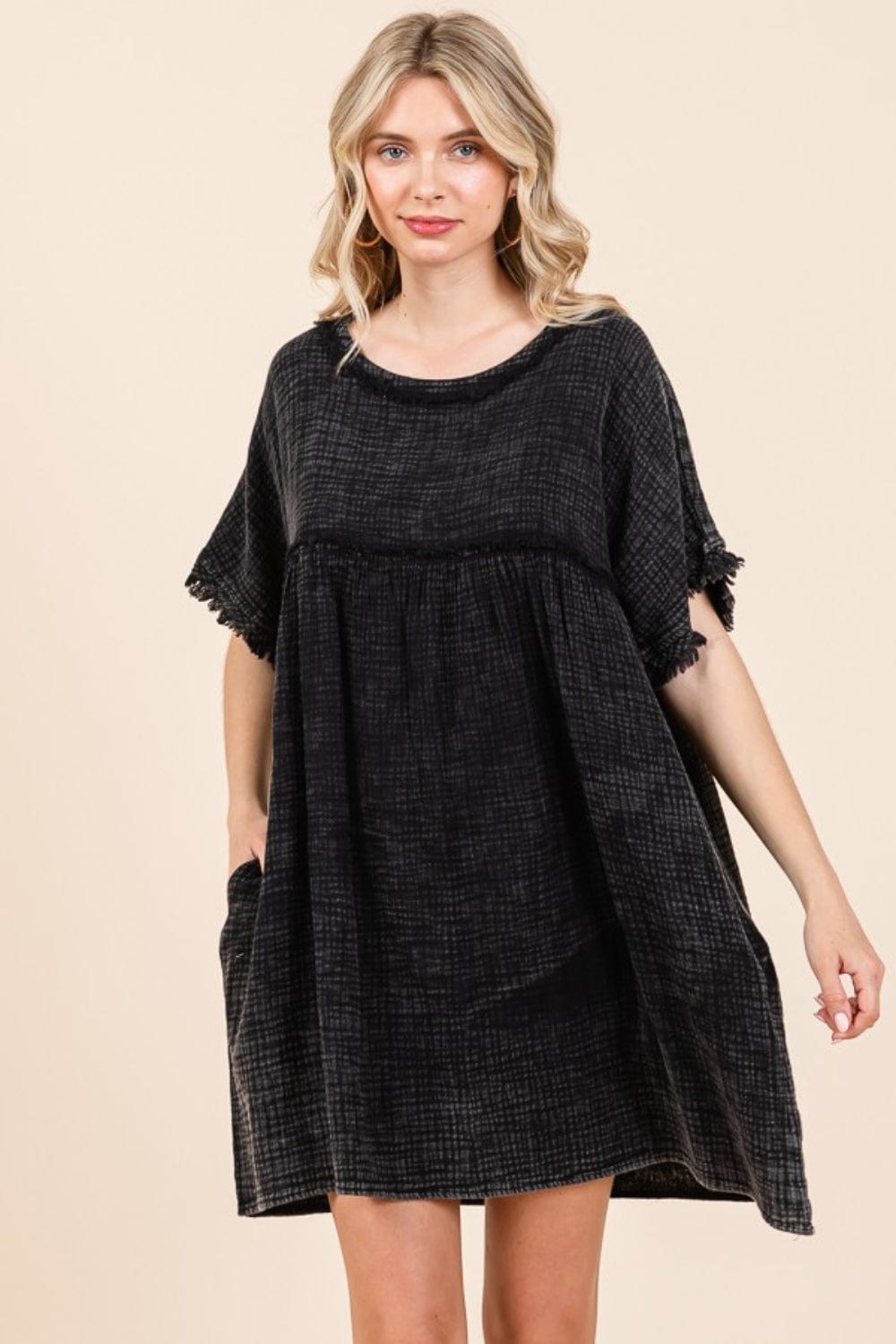 Culture Code Full Size Short Sleeve Babydoll Texture Dress with Pockets - Trendsi