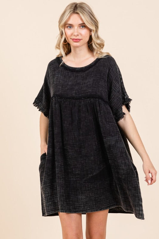 Culture Code Full Size Short Sleeve Babydoll Texture Dress with Pockets - Trendsi