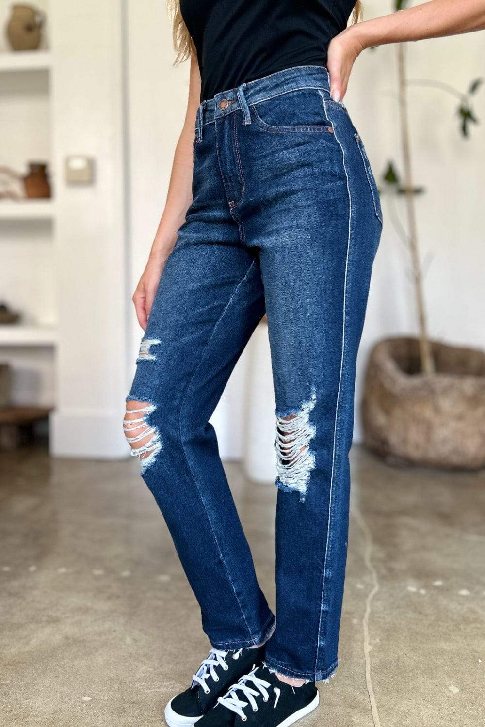 Judy Blue Full Size High Waist Rigid Magic Heavy Destroy Straight Jeans - Trendsi - Flyclothing LLC