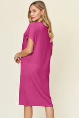 Double Take Full Size Texture Mock Neck Short Sleeve Dress - Trendsi - Flyclothing LLC