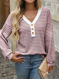 Striped V-Neck Button Front Casual Top - Trendsi - Flyclothing LLC