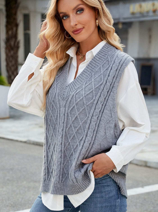 Cable Knit V-Neck Sweater Vest - Trendsi - Flyclothing LLC