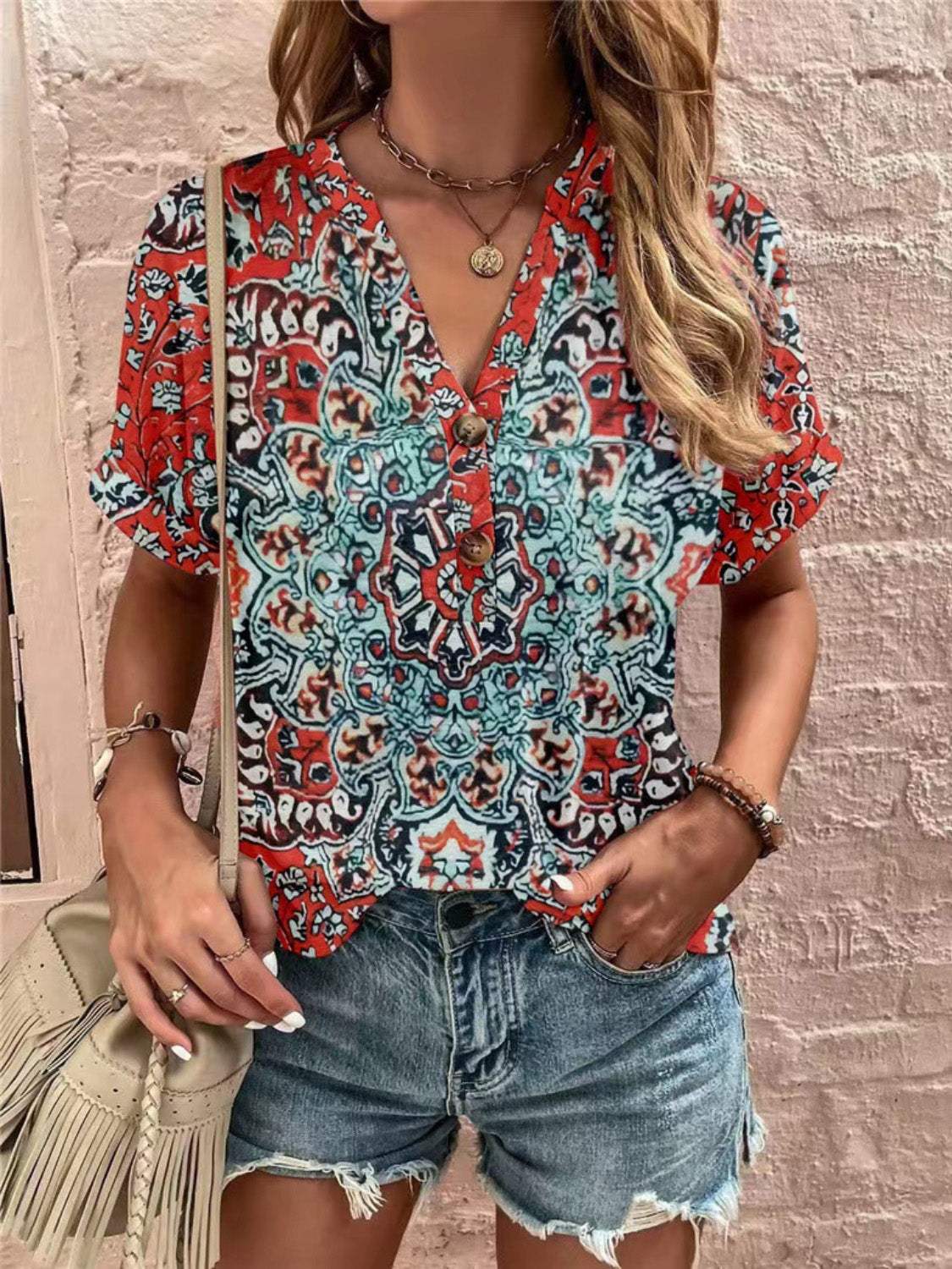 Full Size Printed Notched Short Sleeve Blouse - Trendsi - Flyclothing LLC