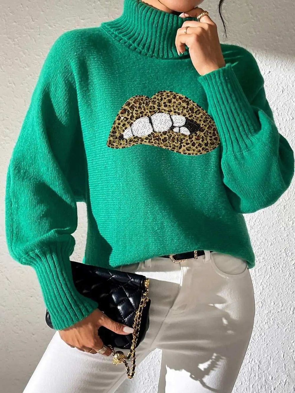Lip Turtleneck Long Sleeve Sweater - Trendsi - Flyclothing LLC