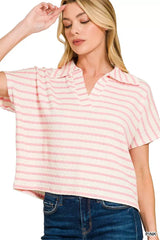 Zenana Striped Split Neck Collared Top - Trendsi - Flyclothing LLC