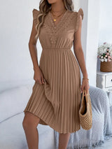 Lace Detail Ruffled Cap Sleeve Pleated Dress - Trendsi - Flyclothing LLC