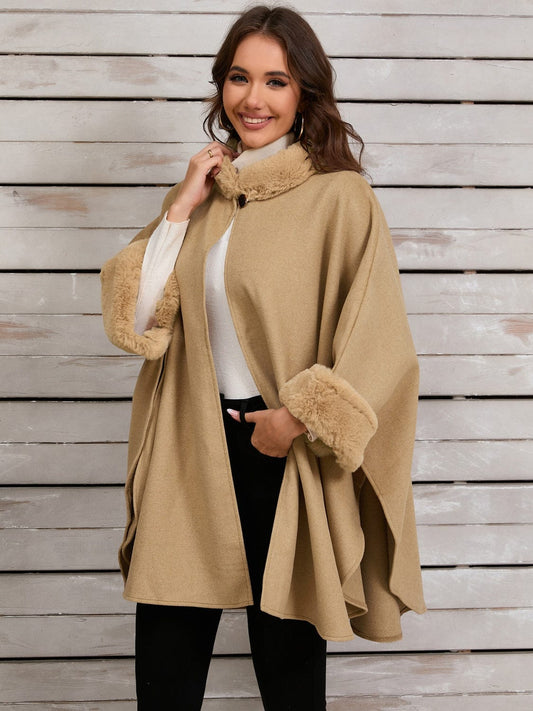 Fuzzy Trim Long Sleeve Poncho - Trendsi