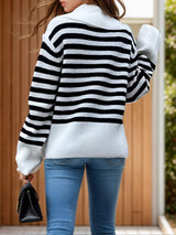 Striped Collared Neck Long Sleeve Sweater - Trendsi - Flyclothing LLC