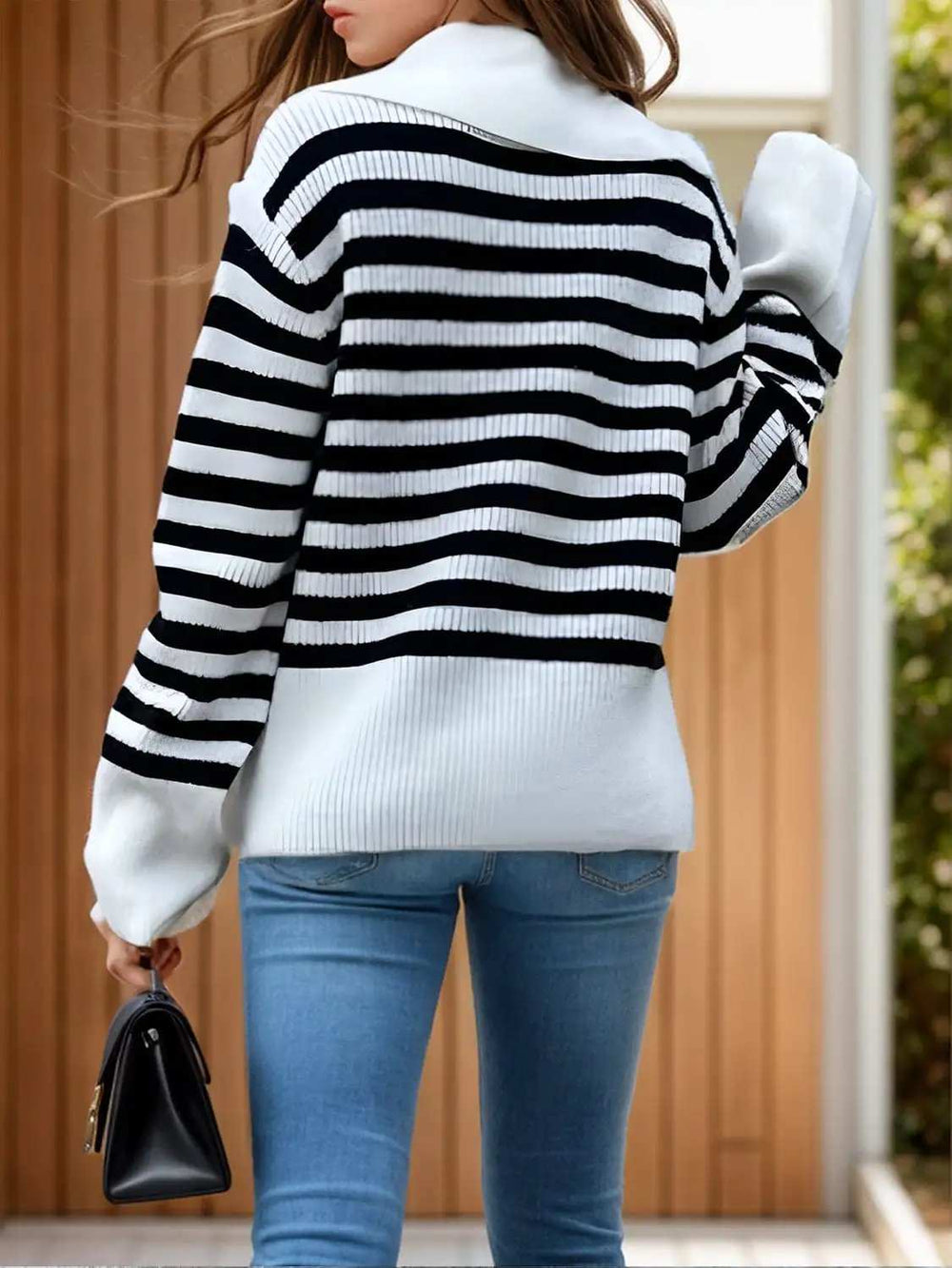 Striped Collared Neck Long Sleeve Sweater - Trendsi - Flyclothing LLC