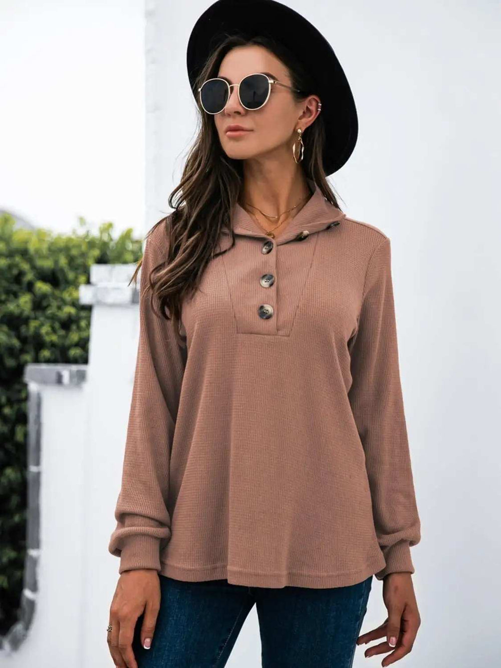 Half Button Long Sleeve T-Shirt - Trendsi - Flyclothing LLC