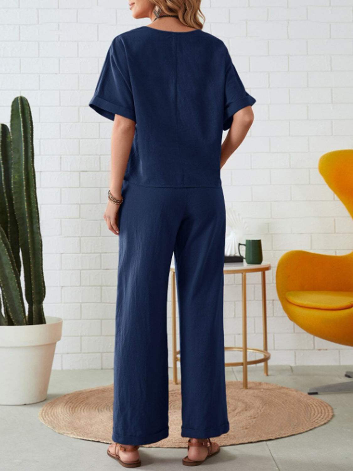Round Neck Half Sleeve Top and Pocketed Pants Set - Trendsi - Flyclothing LLC