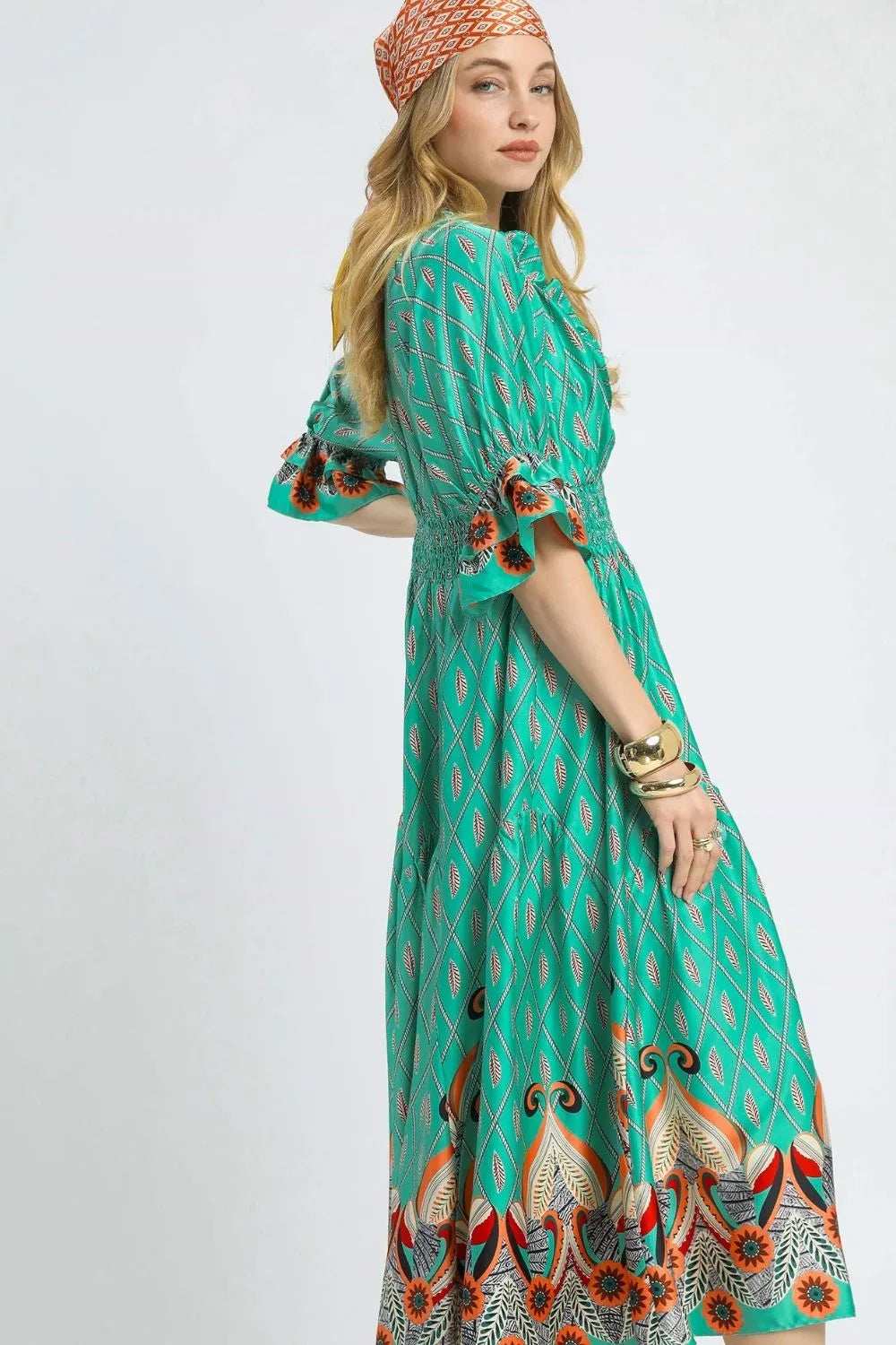 Umgee Printed Smocked Waist Flounce Sleeve Midi Dress - Trendsi - Flyclothing LLC