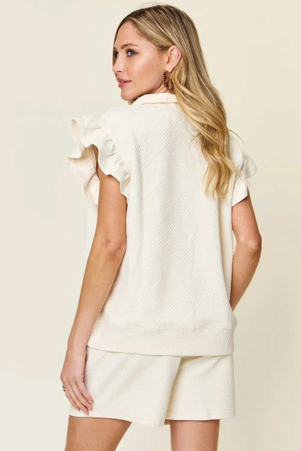 Double Take Full Size Texture Flounce Sleeve Top and Drawstring Shorts Set - Trendsi - Flyclothing LLC