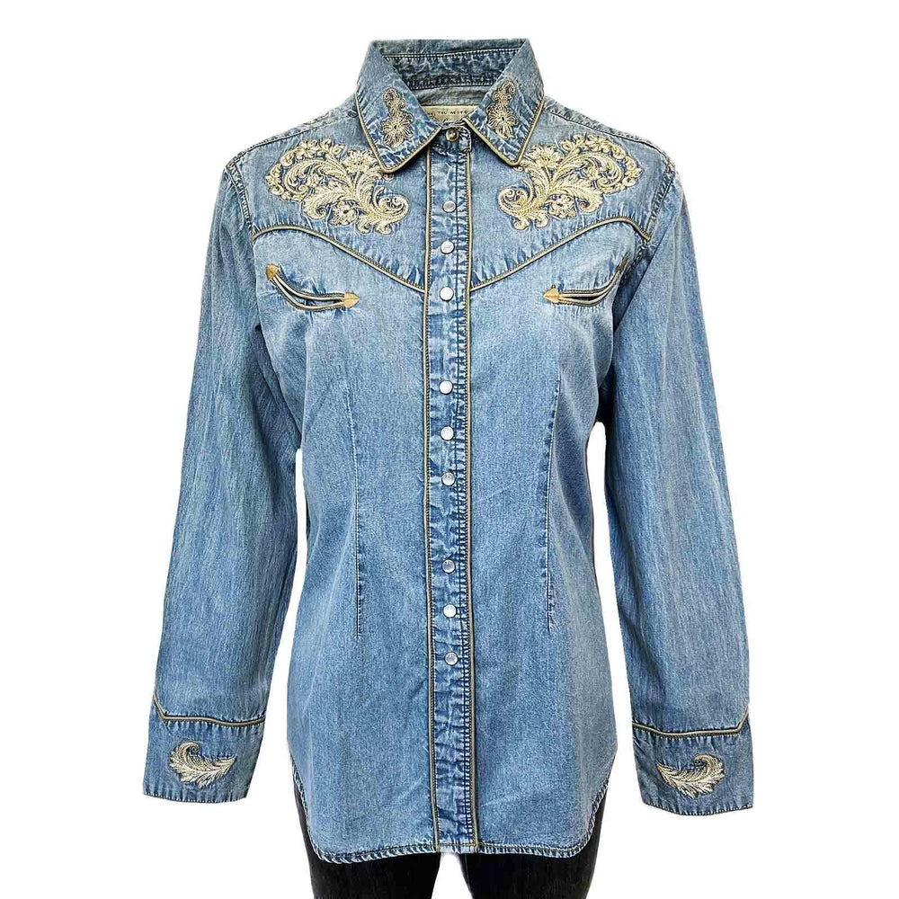 Rockmount Ranch Ware Womenâs Vintage Denim Western Shirt with Floral Embroidery - Rockmount Clothing - Flyclothing LLC